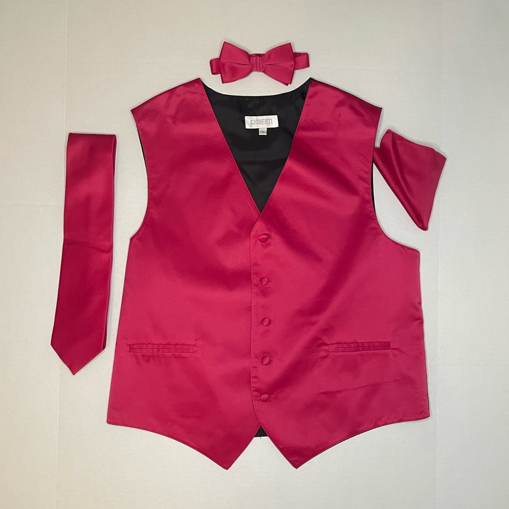 Gioberti Hot Pink Formal 5 Button Vest with Bow Tie, Tie & Pocket Square.